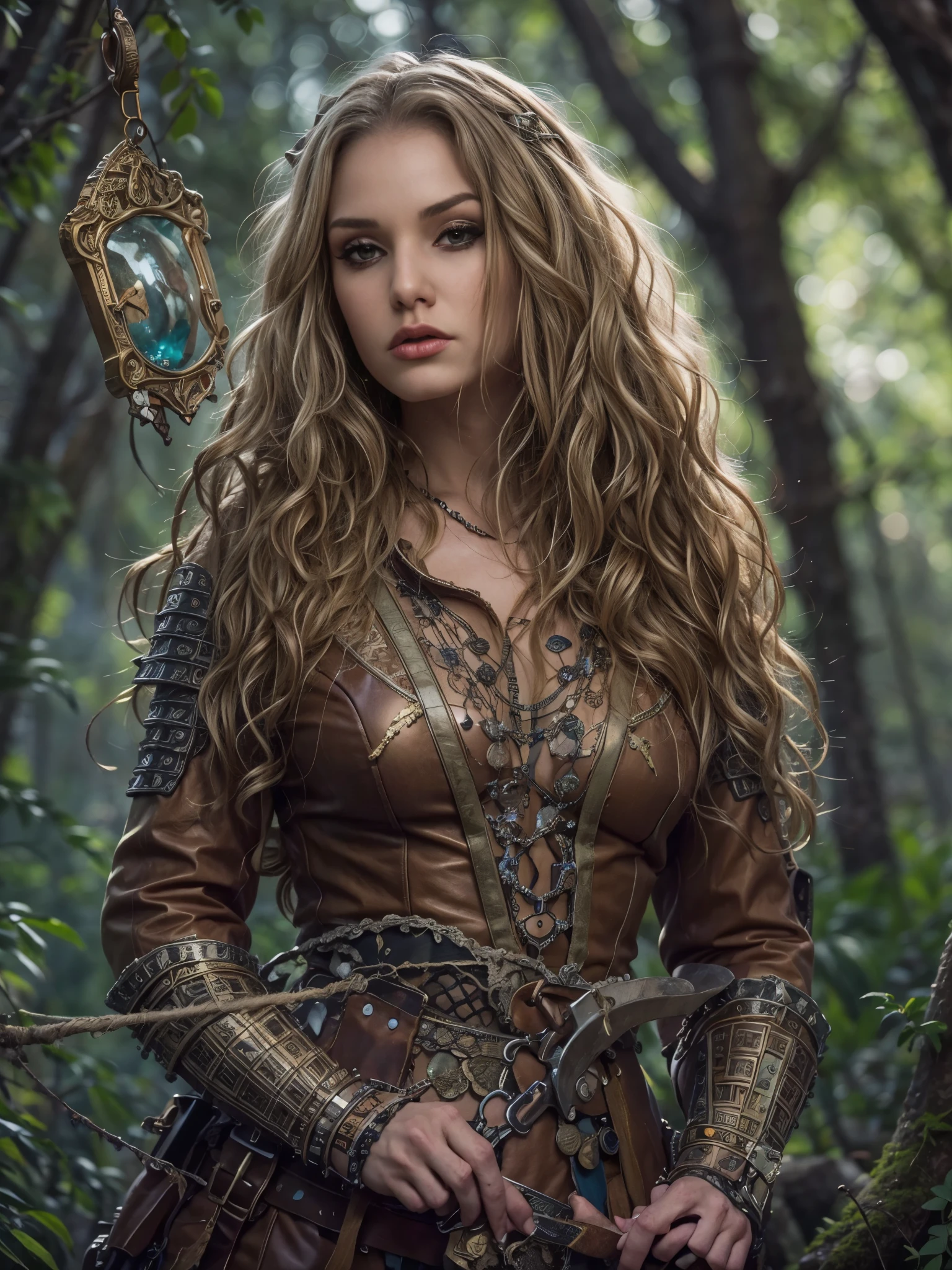 best quality, masterpiece, ultra high res, strong woman, long curly hair, leather armor, medieval clothing, archer, elaborate bow, mystical runes, magical, detailed background, forest, extreme detail, 4k, liz.ashley