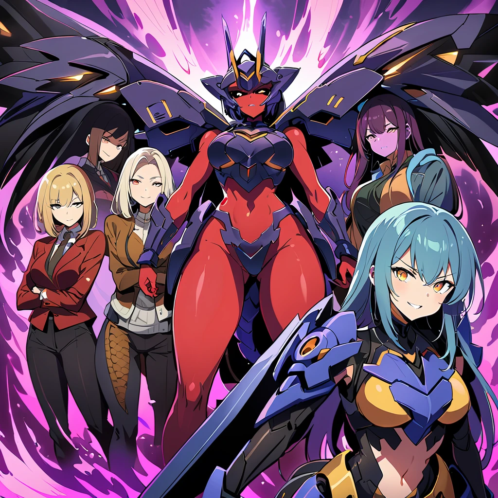 Anime, high detailed, multiple womans, mature womans, indigo mecha armor, large mechanical wings, evil grin, large clawed Gauntlet, red skin, curvy body, long mechanical tail,black sclera、Colored sclera、crimson Colored skin、Yellow Eyes, elongated pupils,  Mature Woman、Black-purple aura、womans surrounding