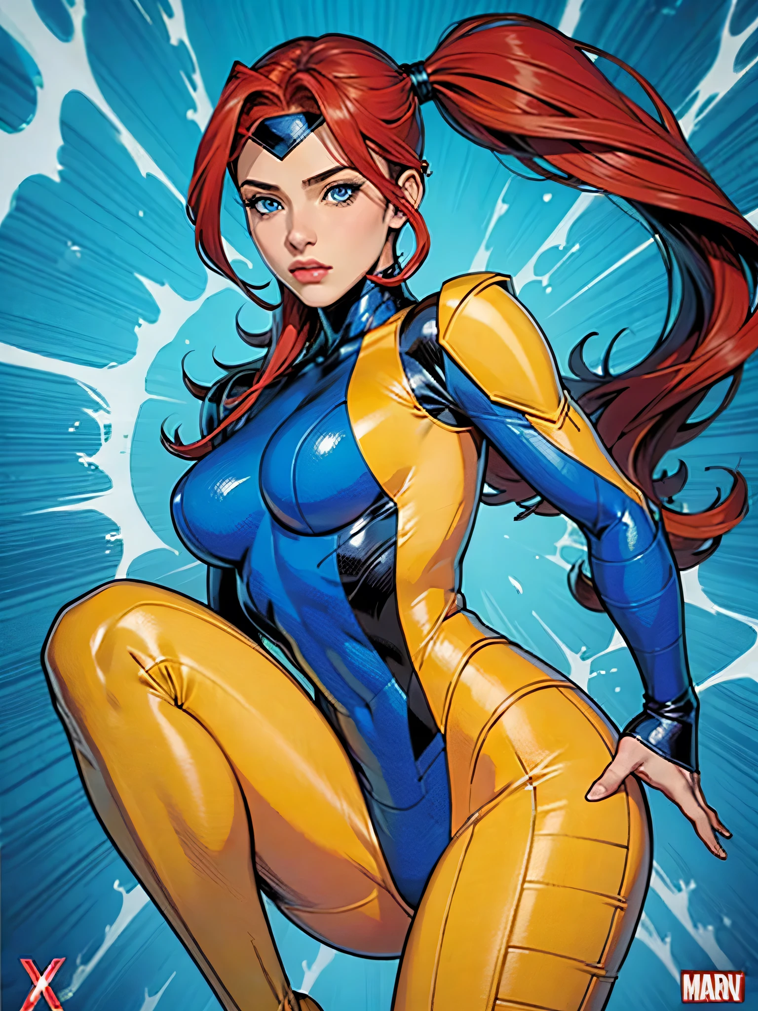 realism, realistic 1girl, solo,  blue eyes,  red hair, long hair, high pony tail, medium breasts,  headband, red hair, yellow bodysuit, blue armor, comic art style jean-grey
X-men classic outfit