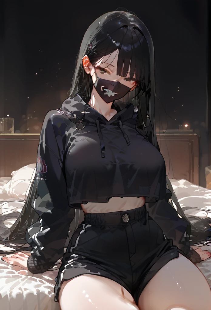 White skin，Black Hair，Long Hair，Straight hair，Mask to cover the mouth，Black hoodie，Big Breasts，Dark Room，bed，smile，Shorts