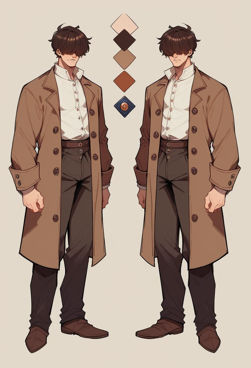 a man character with short white hair and bangs, gold eyes and wearing a medieval shirt and pants, brown boots, different angles, in the style of Miraculous Ladybug, character sheet, white background --ar 3:2, character poses, looks like celebrity Skeet Ulrich and Johnny Deep
