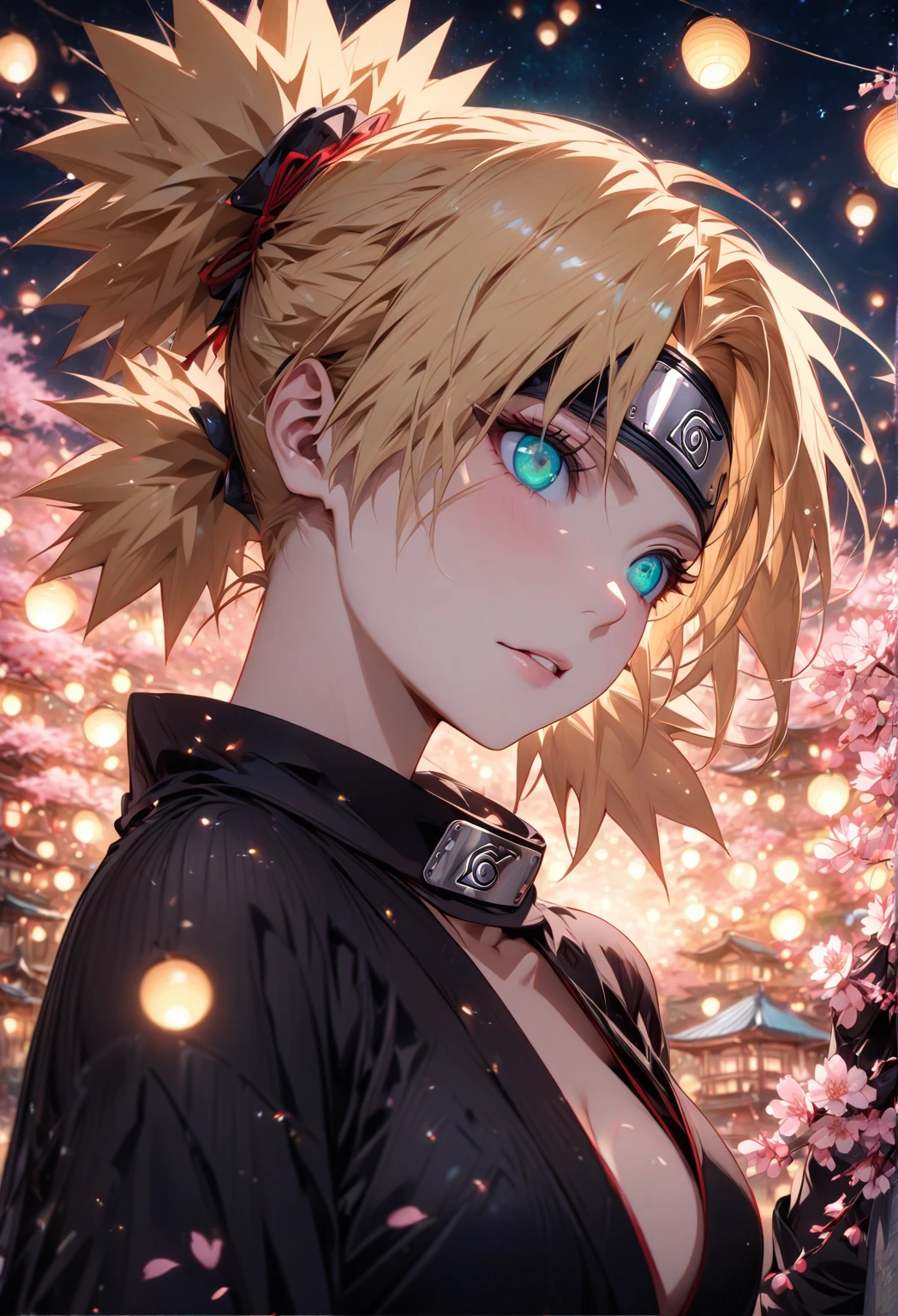 absurdres, highres, ultra detailed, HDR, master piece, detailed eyes, detailed face, Temari, sand blonde hair, expressive teal eyes, woman, black dress, red ribbon, black gloves, woman, solo, extremely beautiful, shining lanterns, Naruto Shippuden, best quality, starry sky, cherry blossoms, shining fireflies