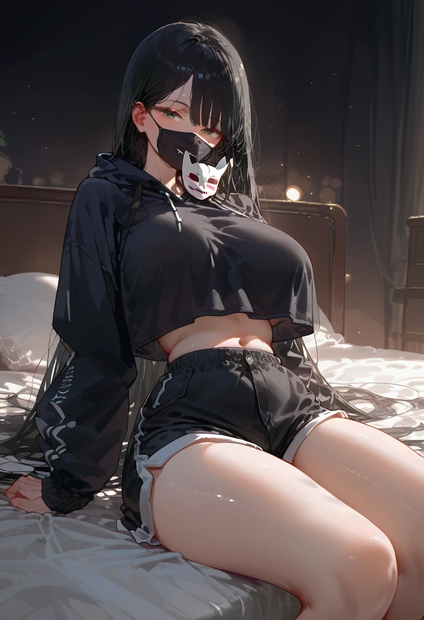 White skin，Black Hair，Long Hair，Straight hair，Mask to cover the mouth，Black hoodie，Big Breasts，Dark Room，bed，smile，Shorts