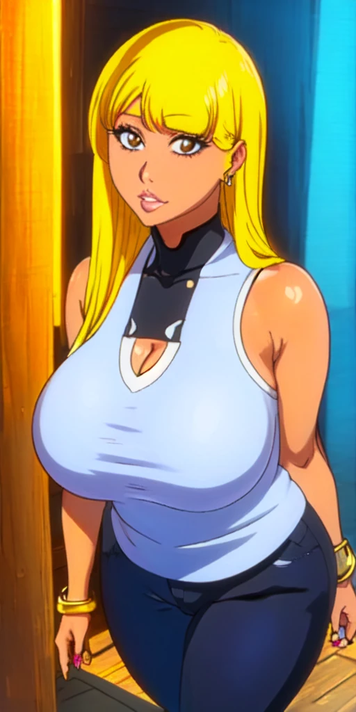 Orihime Inoue,Bleach artstyle,Big breast,Enchanted big breast,Tanned skin,Thick lips,Eyelash,Big Hoopa earring,Gold chain necklace,Circle piercing in lips,Leopard colored  tight Tank top,Cleavage,thin black colored pants,Curvy figure,Plump,Hoopa bracelet,Mature,Milf,yanmama,Long nail,Wedding ring,Side burn visible,look at viewer,((yellow blond color hair)),head facing front,High quality,Highres,Side locks slicked behind ear,Humongous big breast,Ear visible,Hime cut bang hairstyle,Blunt bang hairstyle