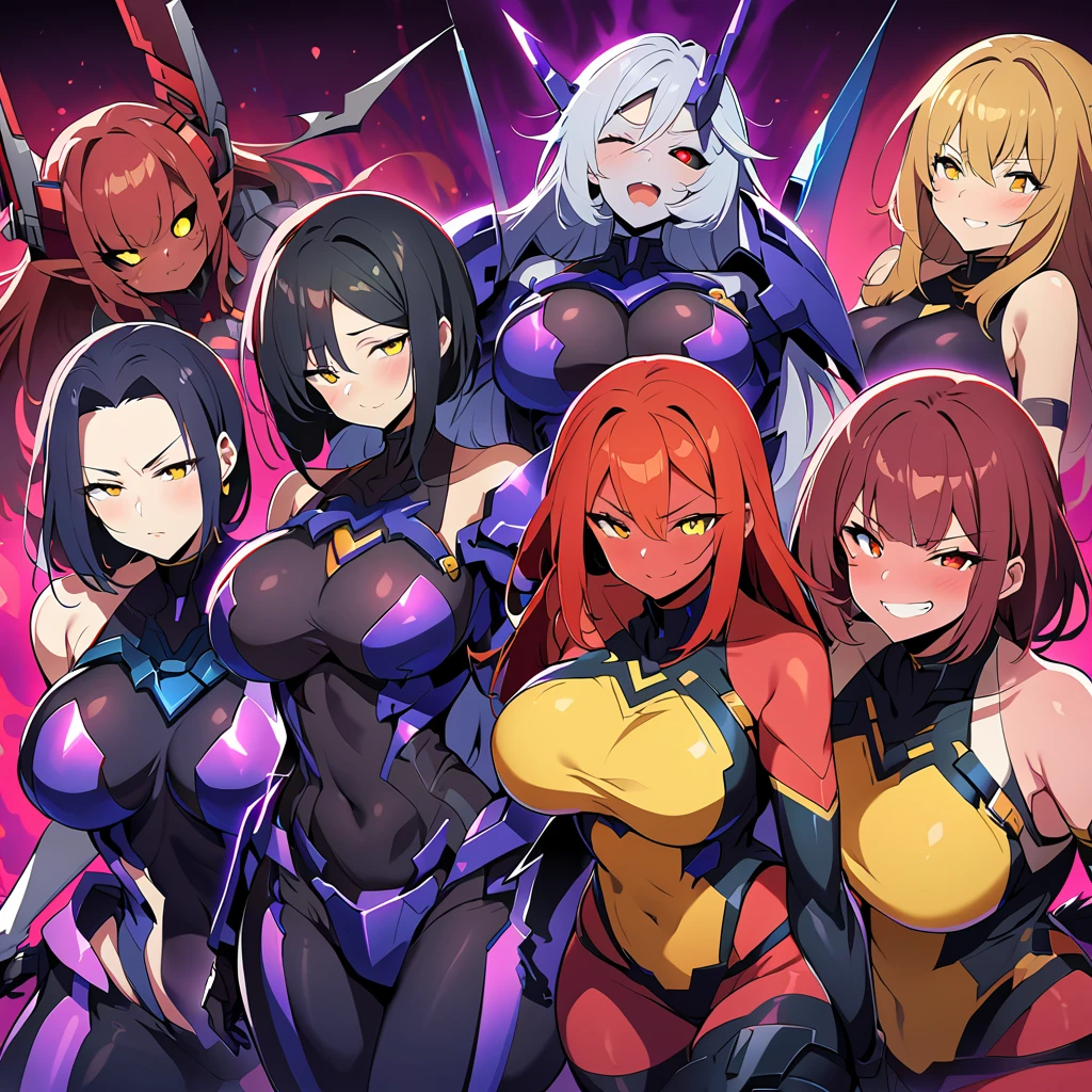 Anime, high detailed, multiple womans, mature womans, indigo mecha armor, large mechanical wings, evil grin, large clawed Gauntlet, red skin, curvy body, long mechanical tail,black sclera、Colored sclera、crimson Colored skin、Yellow Eyes, elongated pupils,  Mature Woman、Black-purple aura、womans surrounding