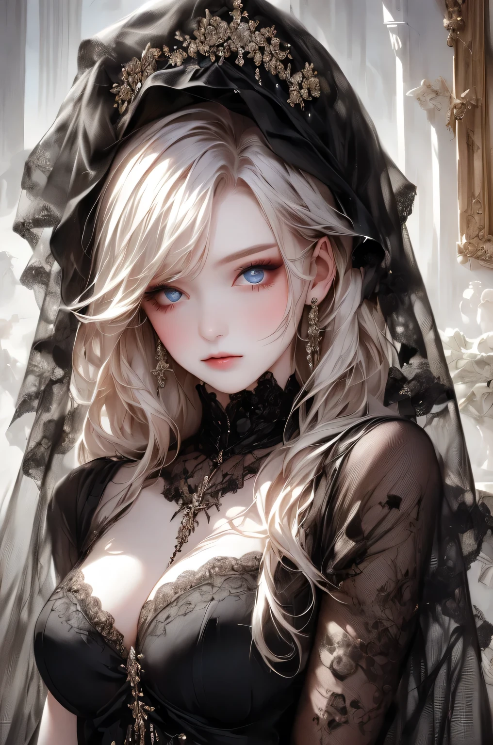 ((masterpiece, best quality, Very detailed, High resolution)), alone, beautiful girl, Shining Eyes, Perfect Eyes, , Black White Gold theme, Gothic style,　elegantic gothic dress, Lace Face Veil.
