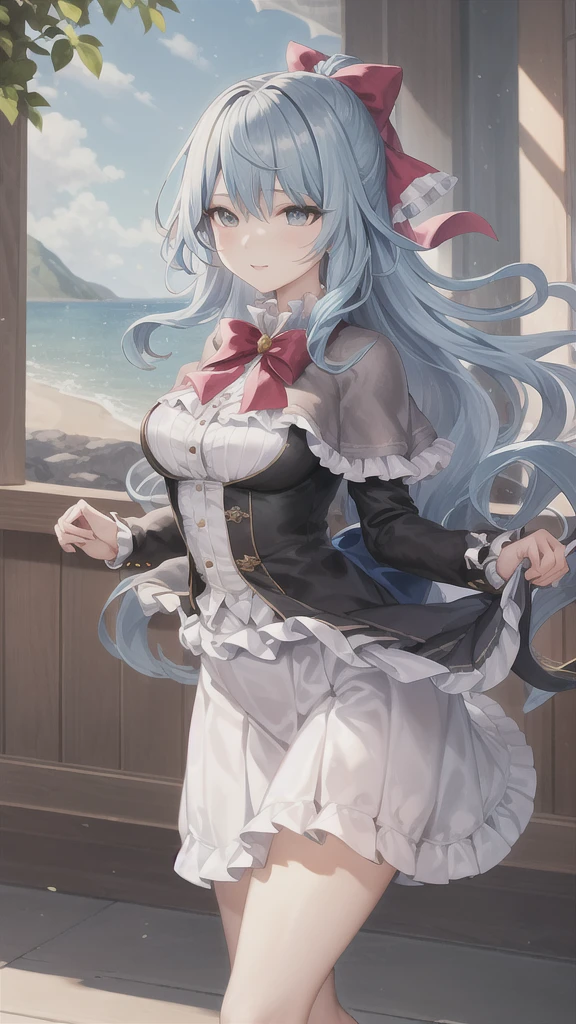 masterpiece, best quality, Liselotte Cretia, long hair, wavy hair, Blues Eyes, blue hair, frills, bow, red bow, hair ribbon, capelet, pleated skirt, shirt 