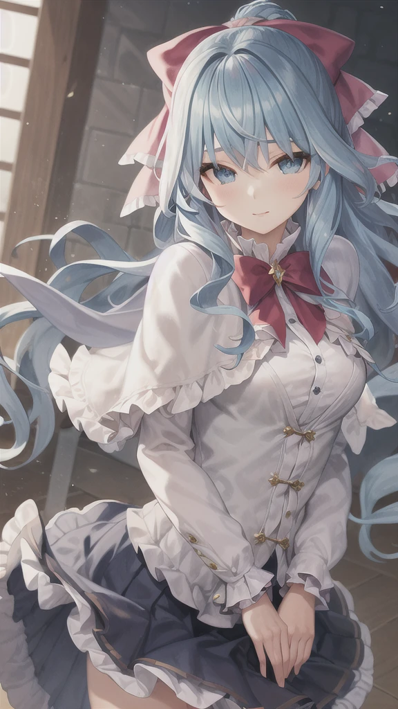 masterpiece, best quality, Liselotte Cretia, long hair, wavy hair, Blues Eyes, blue hair, frills, bow, red bow, hair ribbon, capelet, pleated skirt, shirt 