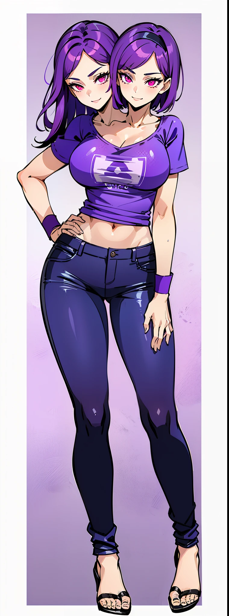 ((best quality), (high quality), (detailed), (masterpiece), good artist, ((2heads:1.5)), ((1girl)), ((violet hair)), red eyes, ((different hair colors)), casual wear, gentle smile, (purple t shirt), dark violet pants, a two headed woman with beautiful detailed eyes, (detailed hairstyles), strong and confident expressions, (exposed midriff), sexy body and face, perfect body, beautiful symmetric body, (sexy body), sexy girl, beautiful body and face, ((mature woman)), ((full body)), slim silhouette, ((handband))