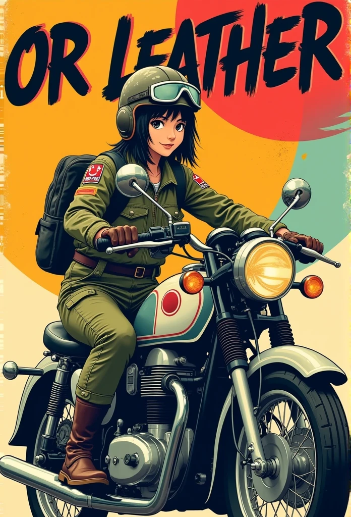 Pop Art style. A young, pretty, smiling Japanese woman with messy short black hair wears a stylish flight jacket with a Japanese flag patch on her shoulder, sturdy cargo pants, sturdy boots, a vintage helmet and gloves, and rides confidently on a vintage motorcycle in Zero fighter colours. Above her head, "OR LEATHER" is inscribed in bold, graffiti-style capital letters against a bold, vibrant background reminiscent of classic posters, embodying the spirit of freedom and self-expression that characterises this iconic pop art figure.