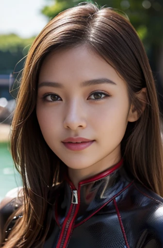 (1 girl)、highest quality、masterpiece、超A high resolution、(Photoreal:1.4)、Raw photo、1 girl、Wet Hair、hot、Sweat、(Wear skin-tight leather racing suits)、female rider、Long sleeve,、Leather Racing Gloves、Portraiture、Shadow、Octane Rendering、8k、Ultra Sharp、Metal、Intricate decorative detailore about Japan、Very intricate detail、Realistic Light、(smile)、Shining Eyes、To the camera、Small LED、close