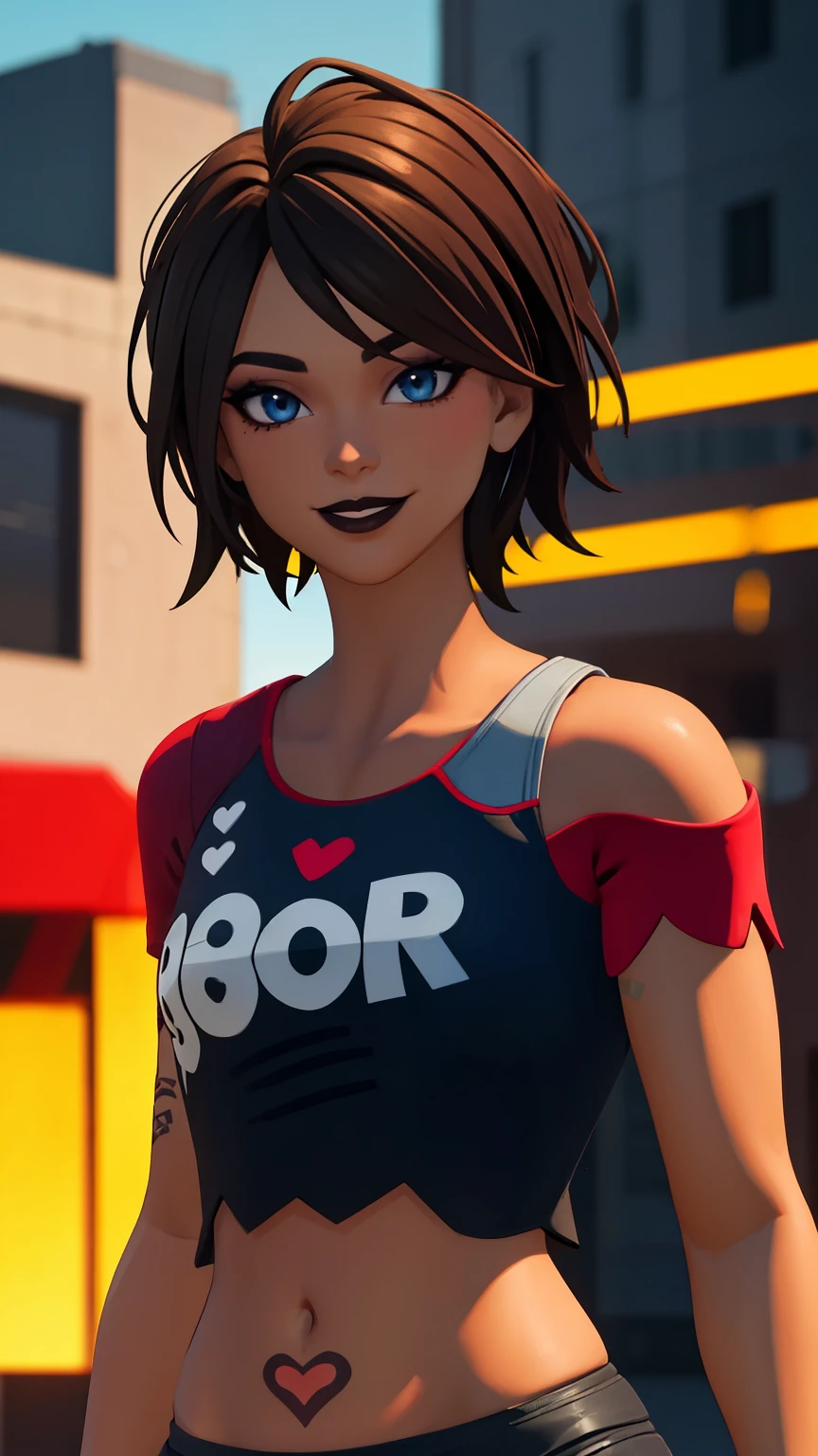 City background, 1girl, tntinafn, brown hair, short hair, blue eyes, dark tone skin, (black eyeshadow1:1), upper body,(speed lines:1.1), heart, tattoos, navel, red crop top, one bare shoulder, brown lips, smile, looking at viewer, facing viewer,