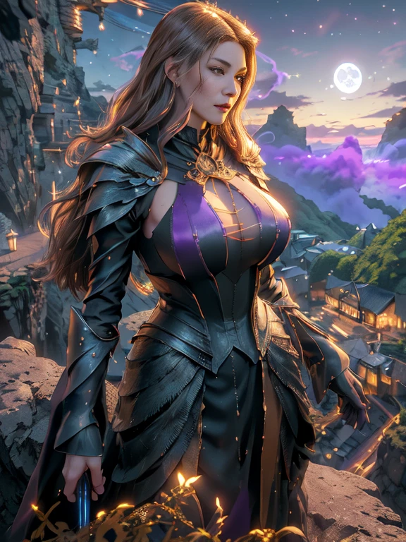 Mature Woman、Upper body portrait、Anime-style super realistic、Medieval period、Fantasy、magician、magicianの帽子、Black-purple costume、sexy、Bewitching beauty、The face is super detailed、/(Big Breasts 2.2、Saggy breasts 1.4、/),Broad shoulders、Large build、Slim Belly、Slightly wide hips、 /(Long brunette hair, Long face and narrow eyes, Detailed face/) Fluffy eyelashes and thick eyeliner, Making signs and casting spells。Mysterious Light。Moonlit Night、On the Cliff。Standing on top of a cliff by the sea。