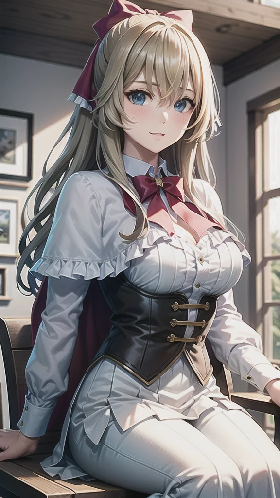 ((((masterpiece, extremely detailed, best quality)))), illustration, indoor, chair, (cowboy shot),  stylized, (liselottecretia), 1girl, Blues hair, (long hair, hair between eyes, hair ribbon), blue eyes, (looking at viewer:1.2), (light smile), (blush:1.2), lower body, (white shirt, red bowtie, frills, brown vest, capelet, skirt), (large breasts:1.2), sitting, sitting on chair