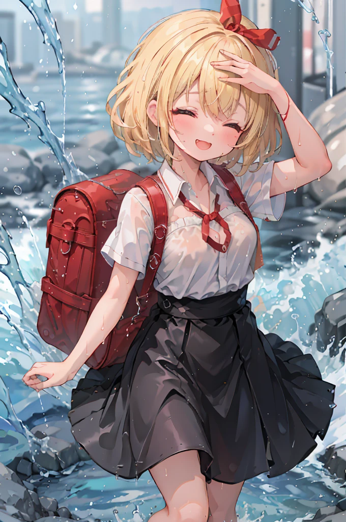 (8k, Highest quality, masterpiece: 1.2), Ultra-high resolution, 1 person, cute, Blonde, Close your eyes, Mouth open, Small breasts, blouse, shirt, Red Backpack, Ocean, deep, Soaking wet, Black underwear, Red ribbon, Gothic Long Skirt, A childlike smile, The best smile, Water up to my chest, big flood, splash, 