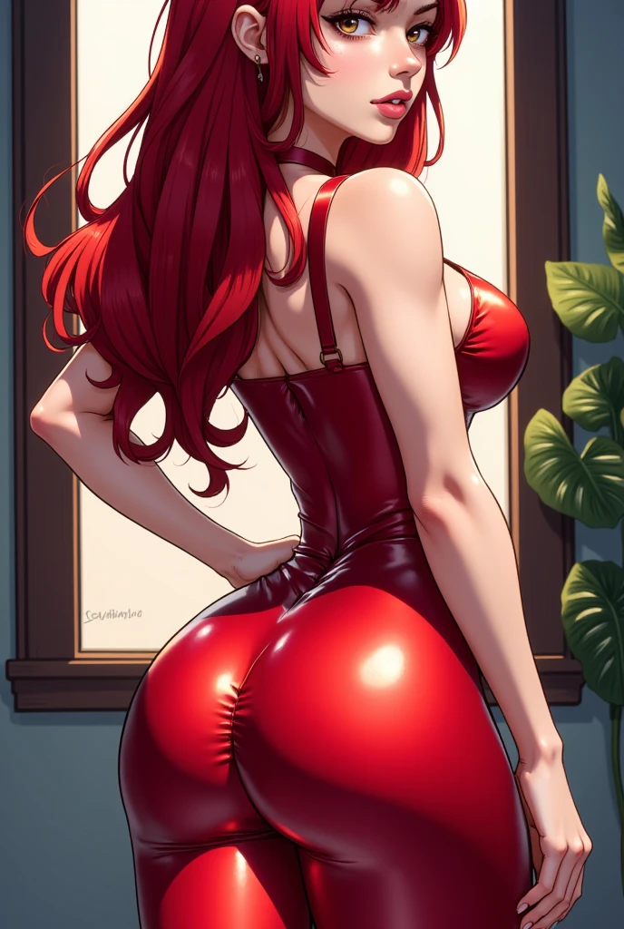 anime woman long red hair, red tights and black underwear,  showing her butt when bending over