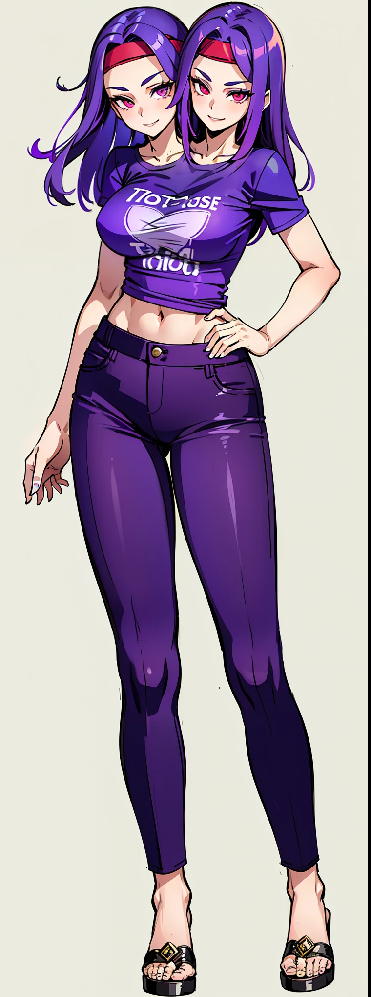 ((best quality), (high quality), (detailed), (masterpiece), good artist, ((2heads:1.5)), ((1girl)), ((violet hair)), red eyes, ((different hair colors)), casual wear, gentle smile, (purple t shirt), dark violet pants, a two headed woman with beautiful detailed eyes, (detailed hairstyles), strong and confident expressions, (exposed midriff), sexy body and face, perfect body, beautiful symmetric body, (sexy body), sexy girl, beautiful body and face, ((mature woman)), ((full body)), ((headband))