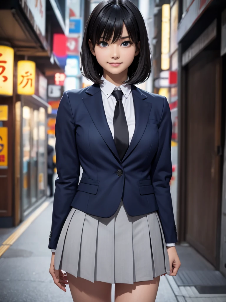 8k, Best Quality, The real picture, Intricate details, Very detailed, Ultra-high resolution, Depth Field, (Realistic,Realistic:1.2), Tabletop, Full Body Shot, (((1 girl))), eye_Chan, so beautiful, innocent big eyes, Beautiful breasts:1.5, 非常に詳細なeye:1.2), (Beautiful breasts:1.1), ((Black Hair)), (Medium Bob Hair), (Asymmetrical bangs), Perfect Skin, Fair skin, Small breasts, Tight waist, Alone, Staring at the audience, (smile), (((Navy Blue Blazer))), ((tie)), ((Light grey pleated mini skirt)), (Standing in the crowds of Tokyo)