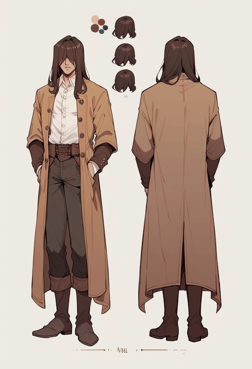 Human Male Adult   , dark Brown long hair , hair over eyes ,Medieval Clothing , White shirt Buttons , Brown Coat , background,character sheet , concept art ,Pants , boots 