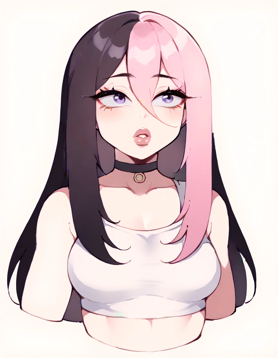 score_9, score_8_up, score_7_up, 1girl, tired, sleepy, blanket, wrap blanket, yawn, ((portrait)), illustration, ((2d)), ((curvy)), ((twitch emote)), (((cute face))), long hair, bangs, black pink hair, ((black and pink hair)), ((black hair)), gorgeous purple eyes, big eyes, anime eyes, eyeliner, long lashes, soft and full lips, choker, jewelry, crop top, (Jelly Art Style:0.2), ((anime style:0.8)), (((white background))), twitch emote,