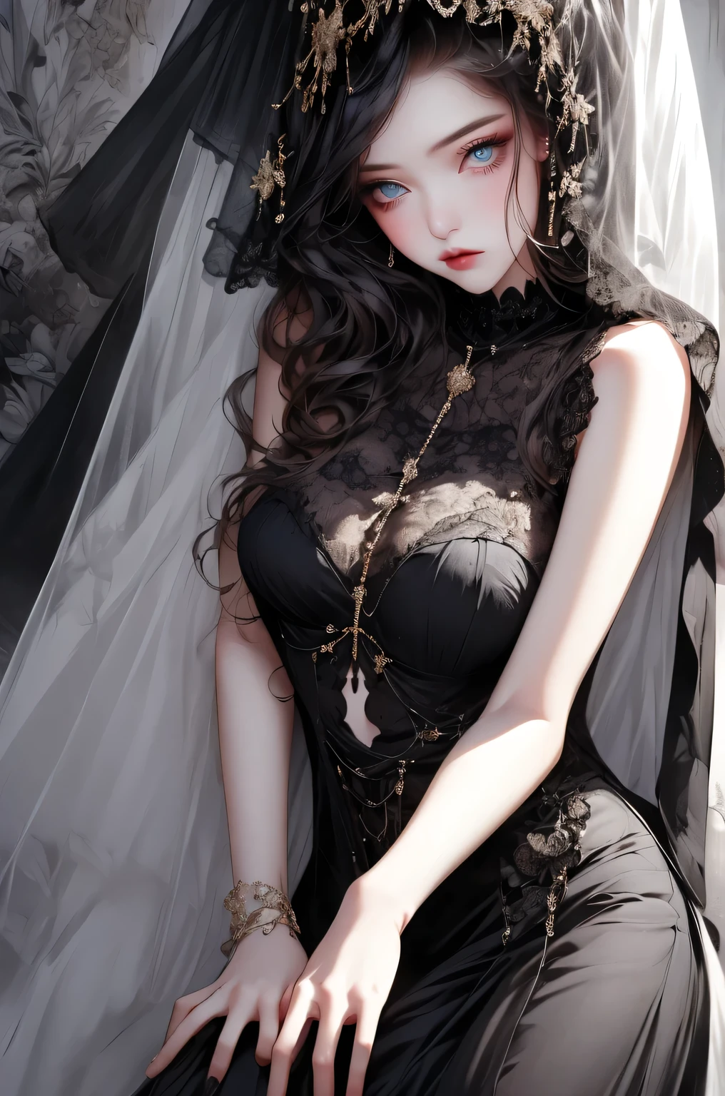 Full body image、Stand、((masterpiece, best quality, Very detailed, High resolution)), alone, beautiful girl, Shining Eyes, Perfect Eyes, , Black White Gold theme, Gothic style,　elegantic gothic dress, Lace Face Veil.
