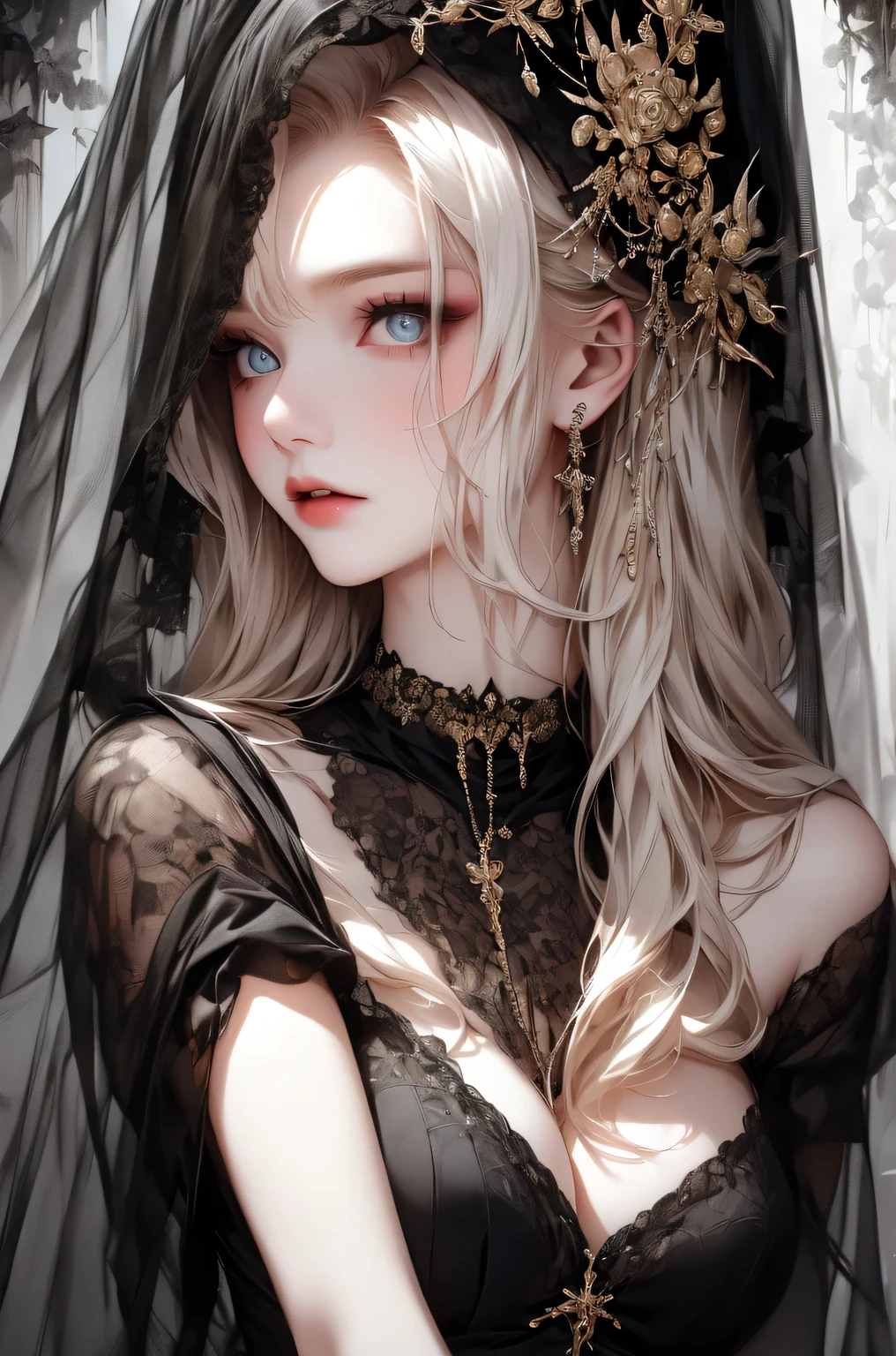 Full body image、Stand、((masterpiece, best quality, Very detailed, High resolution)), alone, beautiful girl, Shining Eyes, Perfect Eyes, , Black White Gold theme, Gothic style, elegantic gothic dress, Lace Face Veil.