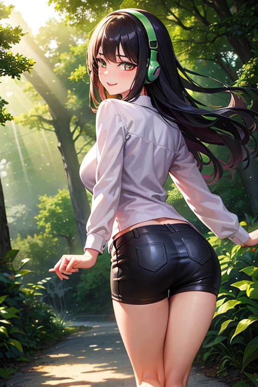 1 girl, long hair, High resolution, Green eyes Hair band, tongue out, headphones, Backlighting, The best quality, cabello brillante, Medium-large breasts, smile, happy, Frowning eyebrows, heart shaped pupils, smile seductora, sparkling eyes,  Create a realistic animated image in style 2.5D of a girl walking through a forest from a second person perspective. The viewer sees her from behind from a slight angle., as if walking one step behind her. Lucy is a self-confident and mischievous young woman, with a sharp and playful expression. She has a lot of time, Dark hair flowing with every step and wearing casual clothes, slightly disheveled clothes.. The forest that surrounds it is lush and with tall trees., Filtered sunlight and a soft dirt path underfoot. The scene must be animated and real, and combine realism with an aesthetic 2.5D elegant and vibrant."
Dressed in submissive sex lingerie