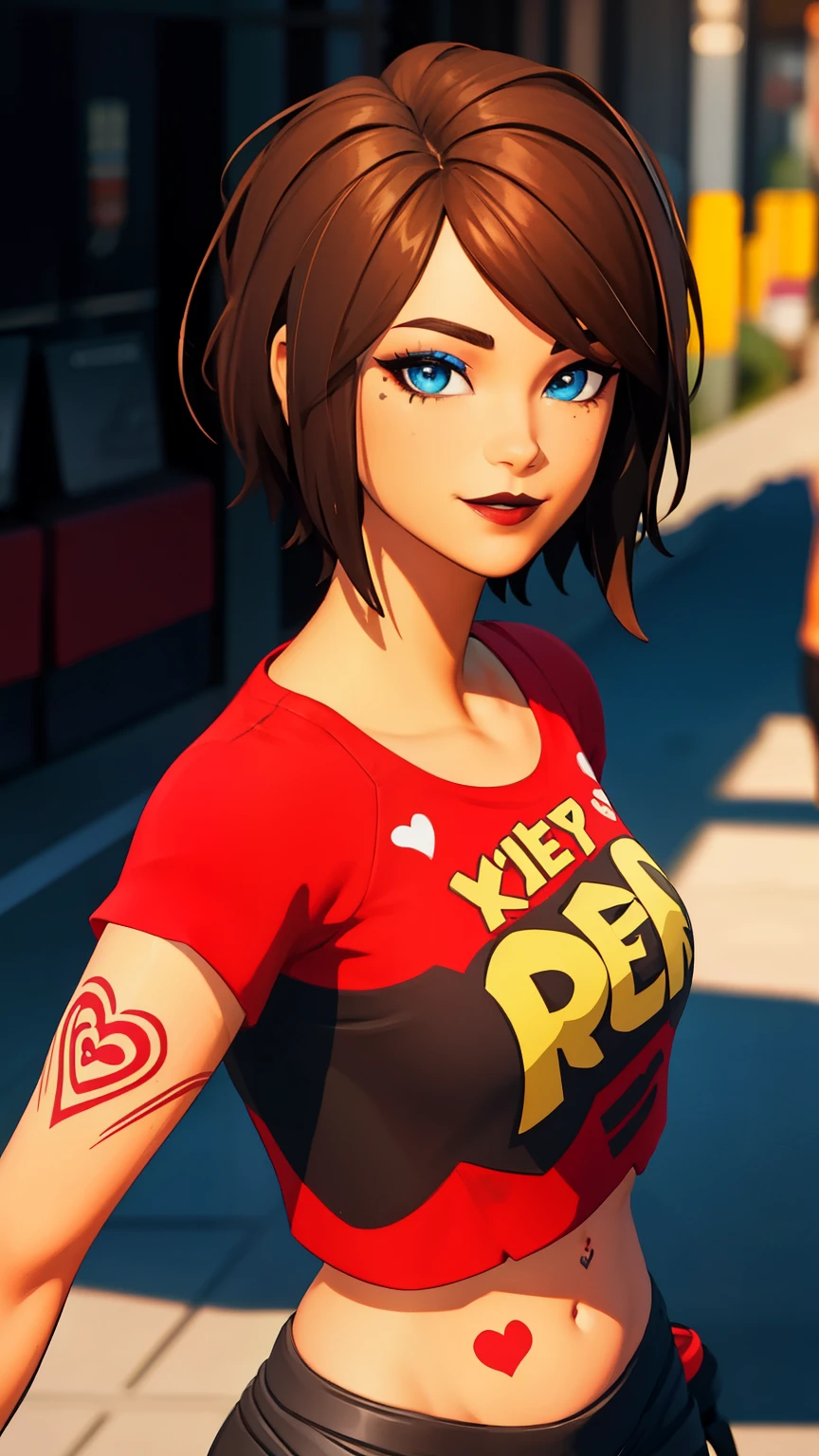 City background, 1girl, tntinafn, brown hair, short hair, blue eyes, dark tone skin, (black eyeshadow1:1), upper body,(speed lines:1.1), heart, tattoos, navel, red crop top, one bare shoulder, brown lips, smile, looking at viewer, facing viewer,