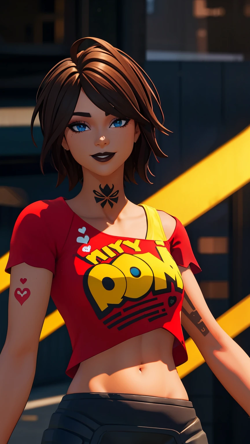 City background, 1girl, tntinafn, brown hair, short hair, blue eyes, dark tone skin, (black eyeshadow1:1), upper body,(speed lines:1.1), heart, tattoos, navel, red crop top, one bare shoulder, brown lips, smile, looking at viewer, facing viewer,