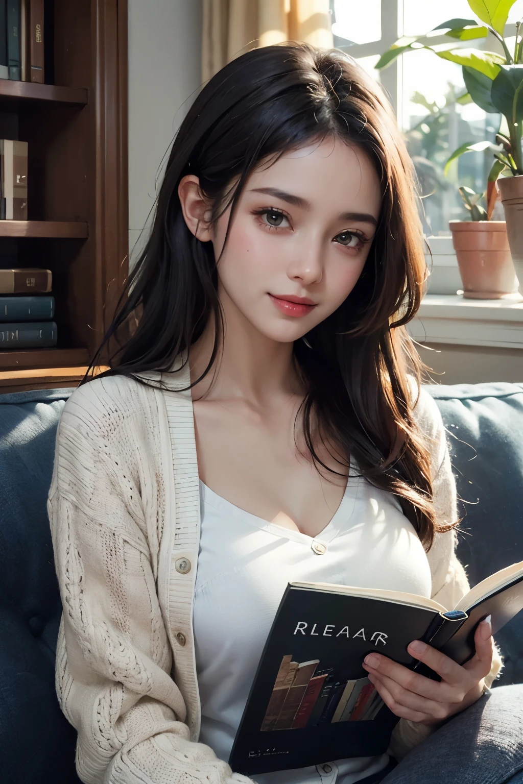 (Read a naughty book), Cute Face, beautiful girl, :1.5, blush:1.2