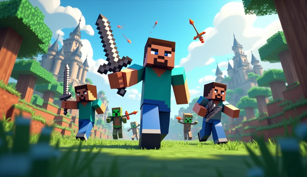 Main Character (Your Avatar): Show your Minecraft character in an action pose (holding a diamond sword or pickaxe) in the foreground, looking toward the viewer.Friends' Avatars: Include a few Minecraft characters representing your friends, each engaged in different activities like building, fighting mobs, or mining in the background.Server Environment: Highlight the server environment—a vibrant landscape with a mix of structures (like a castle, village, or farm) and mobs to show it's a multiplayer server.Text Overlay: Use bold, playful text saying "Minecraft with Friends!" or "Server Fun!" in vibrant colors like yellow or light blue to contrast against the background.Exciting Elements: Include something dynamic like explosions, flying arrows, or even a creeper sneaking up to add energy and fun to the scene.