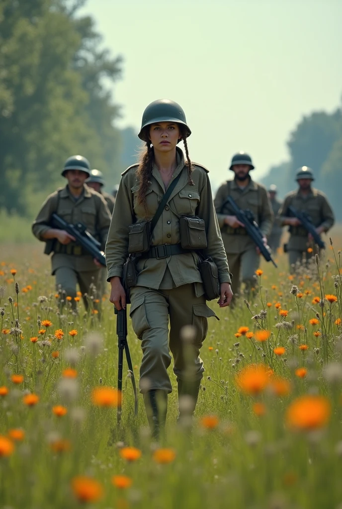 Sad young military nurse, who looks at the sky second world war 