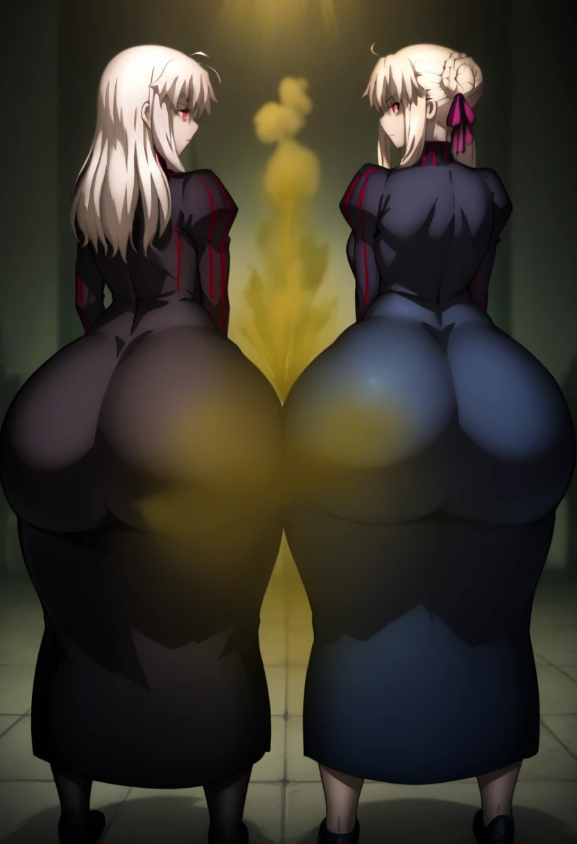 Highest quality, High Resolution, two females, Two girls side by side., Artoria Pendragon (Alter), Artoria Pendragon \(fate\), ass, hyper ass, huge is, big ass, wide hip, ass focus, gigantic ass, thick thighs, massive thighs, fart, farting, yellow_smoke, yellow_gas, sprays, rin tohsaka, farting for two, Two people standing side by side, Turning her back to the viewer, Butt bumping, fat ass, Two people standing side by side, sakura matou, long hair, red eyes, white hair, hair ribbon, empty eyes, dark persona, corruption, masterpiece, dress, black dress, turtleneck, striped, long sleeves,