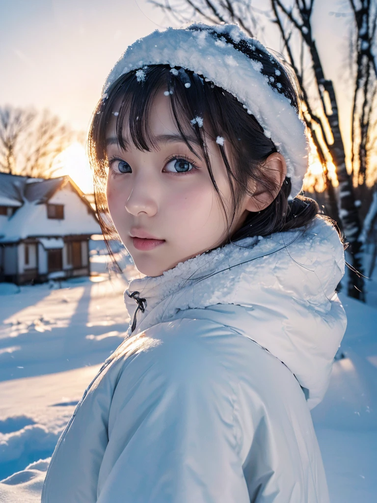 Japanese elementary school girl, off-shoulder, sweet expression, winter, Kluane National Park, Canada, snowy field, heavy snow