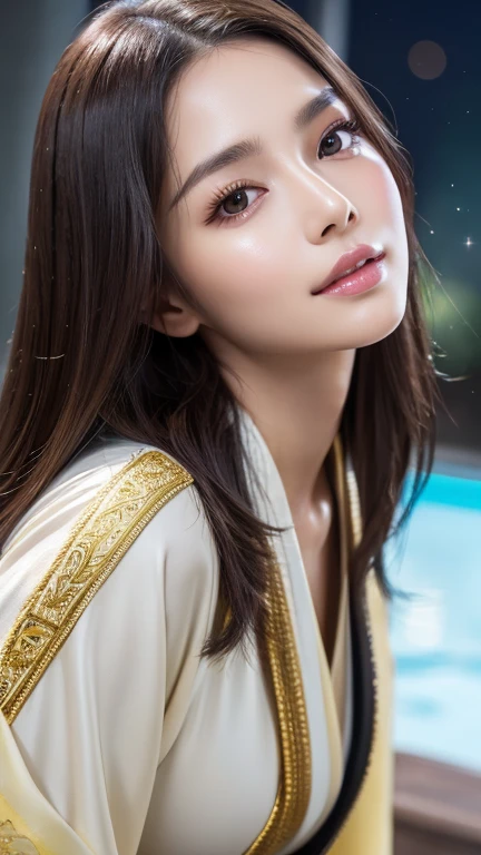 tmasterpiece, top-quality, 8K, Huang Li, A beautyful girl, kawaii, External,(Half a body:1.2), (fullnude:1.5), Wear a cashmere headscarf, (long and dark brown hair),good body, and makeup, Bukkake, Near and far law, depth of fields, Surreal, A high resolution, photore, lock focus, north african free trade area, face lamp, dynamic lighting, highest details, extremly high detail、ultra - detailed、the detail、Genuine skin、exquisite facial features、prone to negative emotions