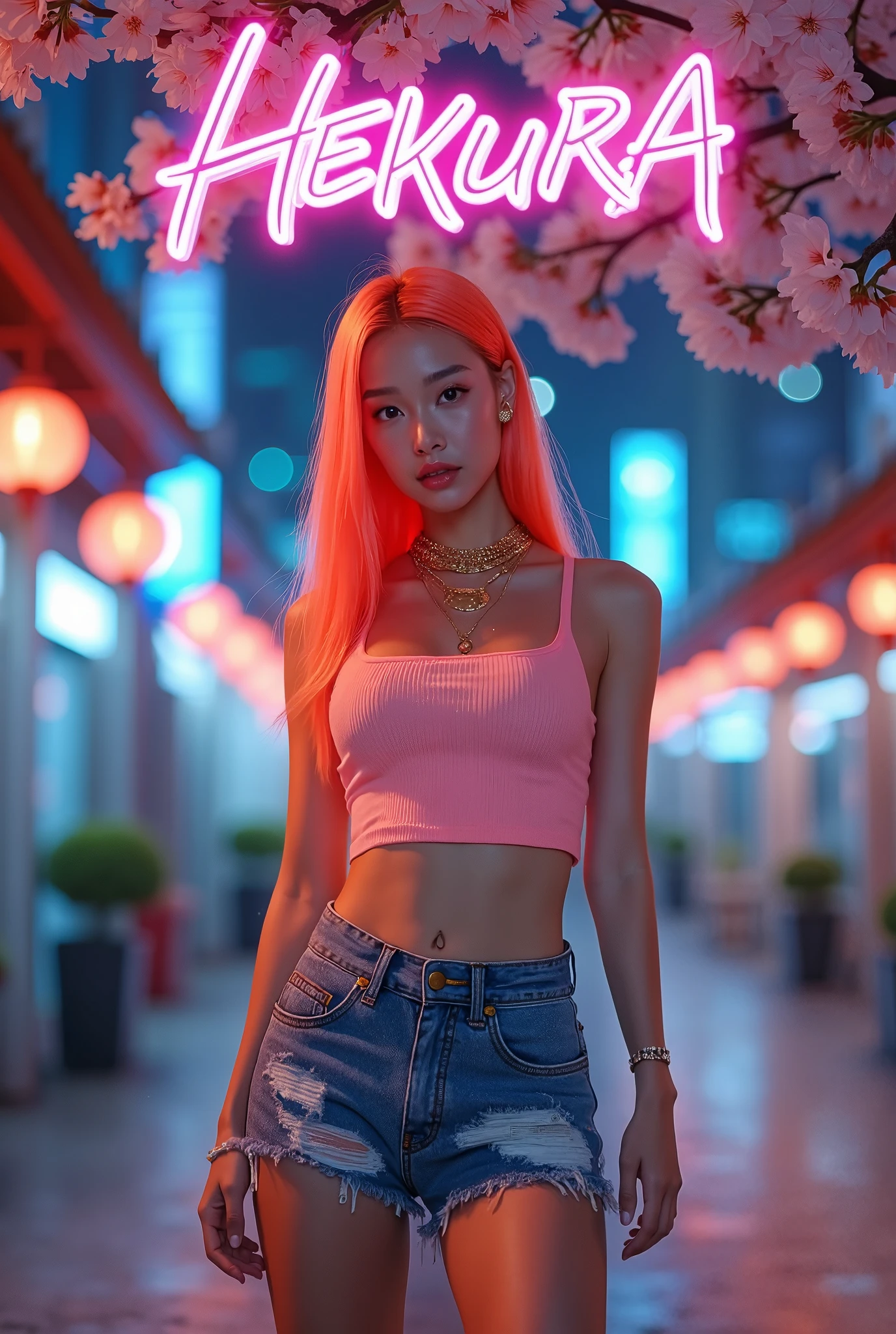 A bold smiling Korean hyperrealistic advertising poster features a stunning Korean model with sleek, long hair, that glows in a neon orange hair cut in an extraordinary style that frames her oval face. She exudes confidence while wearing modern, wore jeans shorts paired with a matching sleeveless crop top in another color. The outfit is accentuated with chunky white sneakers and layered gold necklaces, blending street style with effortless chic. She stands in front of a futuristic, cyberpunk, urban background with neon signs and soft glowing lanterns, set against a sleek cityscape at night. Behind her, cherry blossoms softly fall, contrasting with the modern environment. In the top of the image is possibly to see a bold Korean characters in dynamic, graffiti-like style read, Hekura. The poster aesthetic merges contemporary fashion with traditional Koreans elements, creating an energetic, youthful vibe.