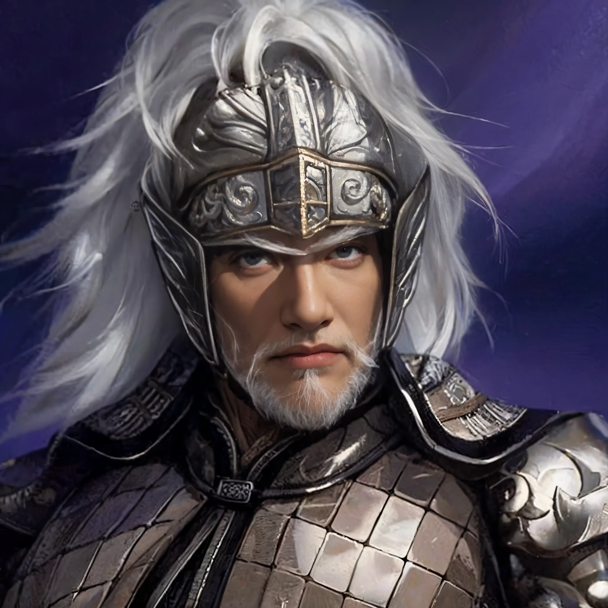 (Masterpiece artwork, 8K, uhd, high resolution: 1.4), imposing portrait of Aegon, The Conqueror, (Cao Cao, broad-shouldered and powerful-looking: 1.3), (piercing purple eyes: 1.2), (short silver and gold hair: 1.2), (dressed in a black scale shirt: 1.3), (wielding the Valyrian Steel sword, Blackfyre: 1.3), (wearing a simple Valyrian steel crown set with large square-cut rubies: 1.2), (next to your majestic dragon: 1.2), (atmosphere of battle and conquest: 1.3), (scenery of a medieval battlefield in the background: 1.1), realistic and intricate details, (authoritarian and charismatic perspective: 1.3), (elements of power and leadership: 1.2)