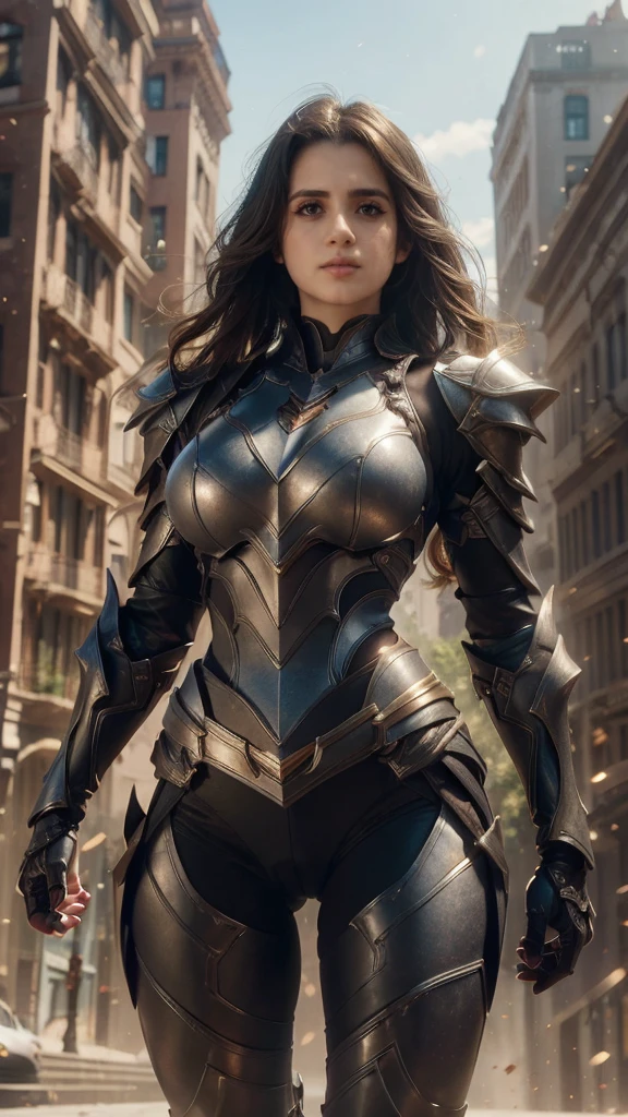 (Laura Marano:1.3) as female Paladin, ((wearing sexy dark armor)), superhero pose, black hair, very beautiful, huge cleavage, (highly detailed skin: 1.2), ( beautiful face, cameltoe, hard nipples, big breasts), highly detailed skin, (highly detailed face:1.1), (highly detailed eyes:1.1), realistic pupils, full face blush, full lips, (perfect anatomy:1.1), (perfect proportions:1.1), (photography:1.1), (photorealistic:1.1), volumetric lighting, dynamic lighting, real shadows, (highres:1.1), sharp focus, daylight, (realistic, hyperrealistic:1.4), intricate, high detail, dramatic, subsurface scattering, vivid, polished, sharpened, ((city background))