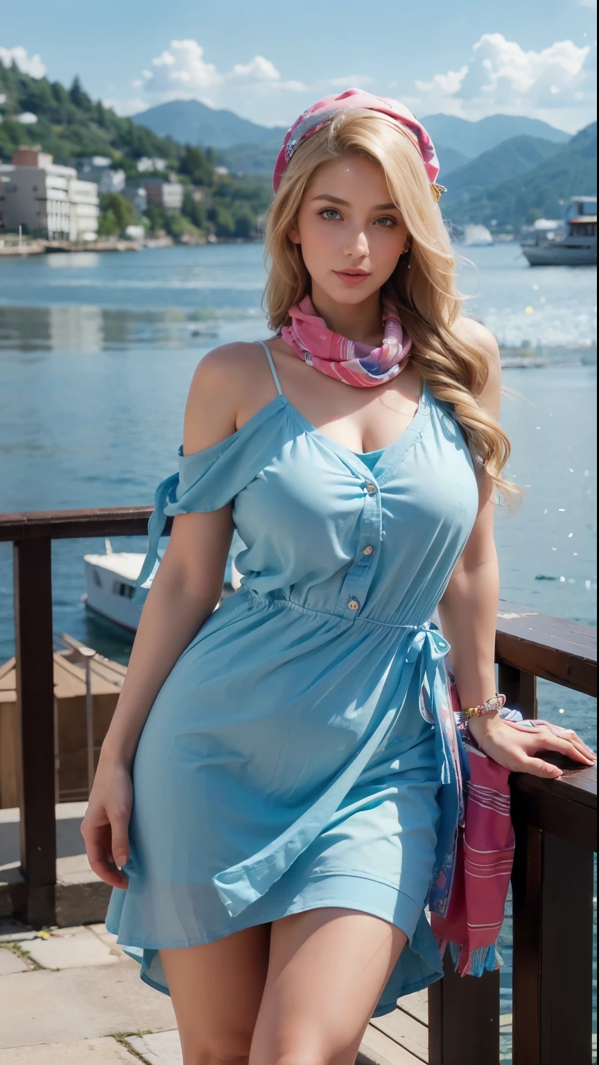 Photo réaliste, Photo pour Instagram, Nicole Aniston, Sophie Mudd, Blonde, bien habillé, robe bleu, habillé, sourir, sur la promenade des anglais, ville de nice