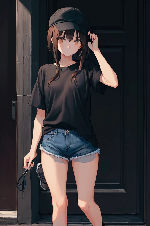 1 girl with short black and brown hair and brown eyes wearing a blue short-sleeved shirt and cap and a black long-sleeved shirt underneath, black tennis shoes, denim shorts and mid-thigh stockings, the left hand generating a dagger of darkness and the right hand a dagger of light 