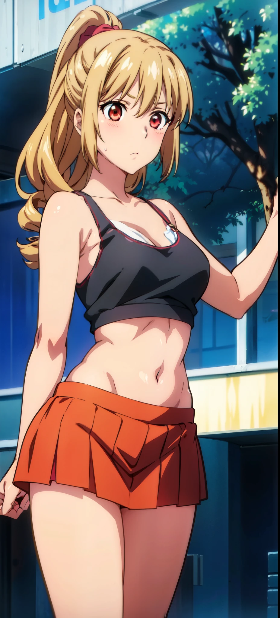 1 girl,Asagi, standing,masterpiece, cowboy_shot, red eyes, healthy skin, blushed, 20-year-old, street, cropped tank top, skirt, navel, midriff ,golden hair, 