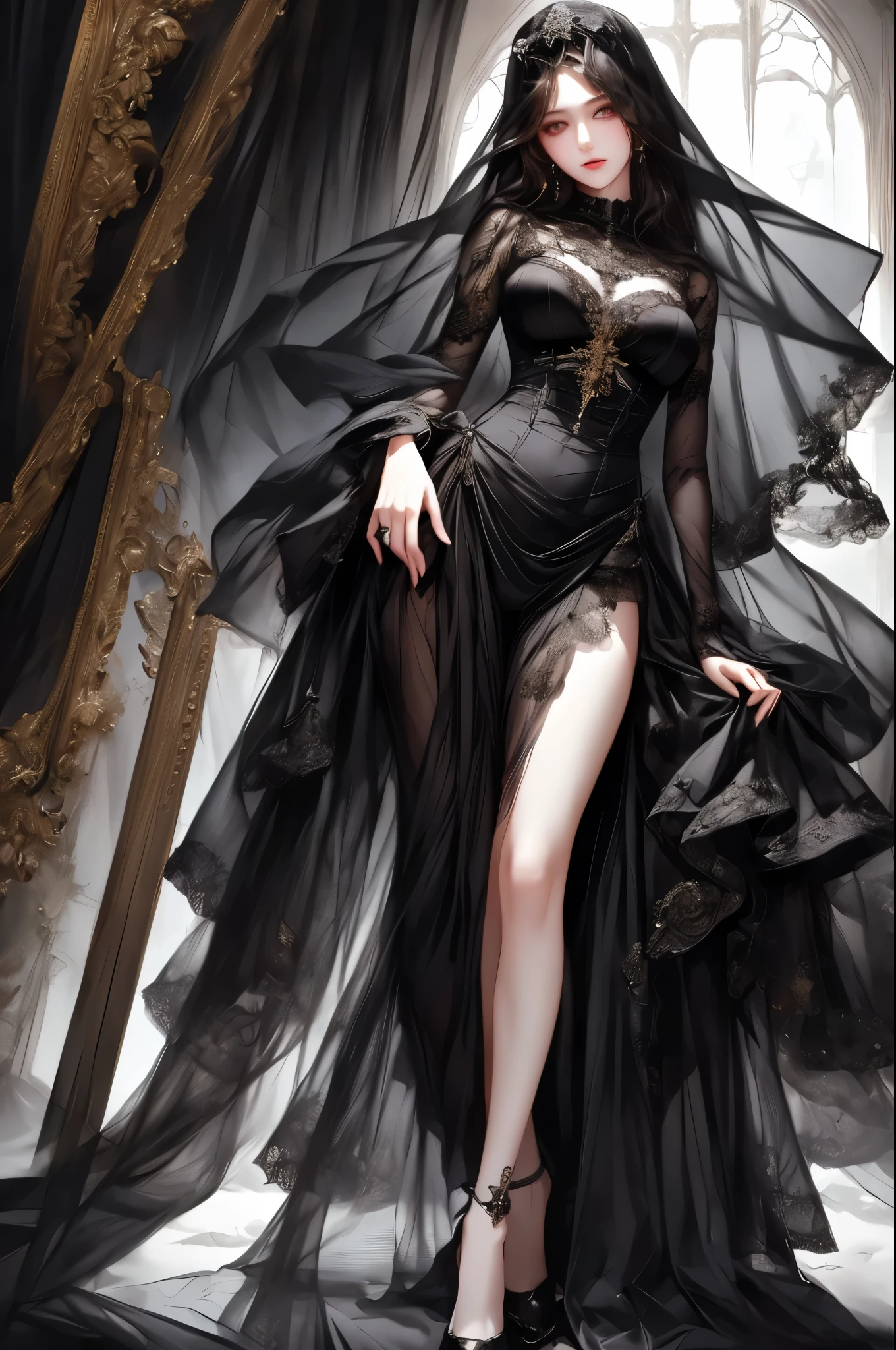 Full body image、Stand、((masterpiece, best quality, Very detailed, High resolution)), alone, beautiful girl, Shining Eyes, Perfect Eyes, , Black White Gold theme, Gothic style,　elegantic gothic dress, Lace Face Veil.Flexible lines of the body
