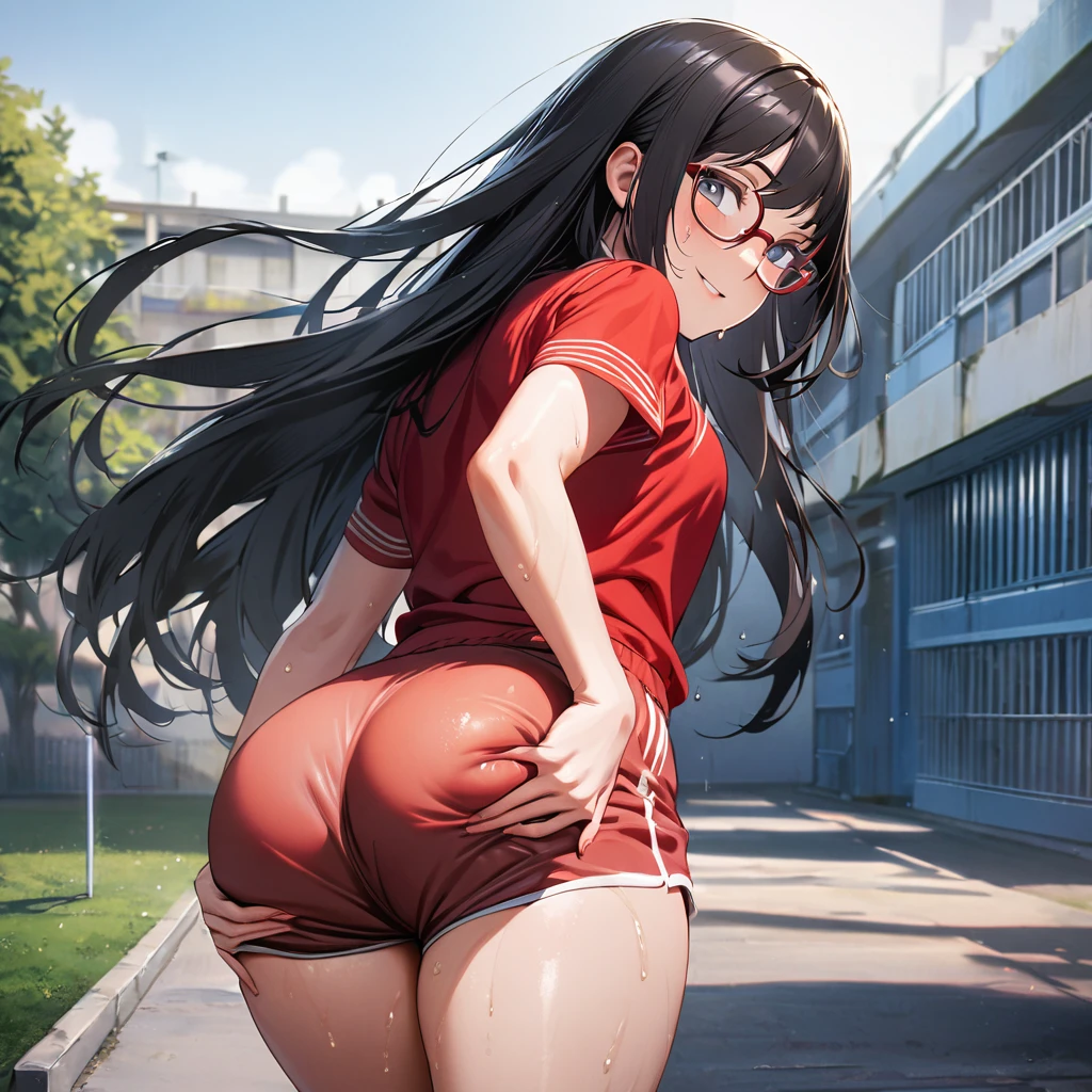 1 anime girl, young, hips, muslos Normales, Normal, huge , Wet, Wet body, No bras, No top or bottom underwear, bare breasts, looking back, view from behind, black fur, Glasses, for the taken, turning to look back, blush, frowning expression, towel in your hand, Subway background, inside the subway, empty subway, in metro, right hand grabbing the buttock, touching a buttock, sexy, high quality, provocative, cum in the ass, ass with cum, cum dripping.