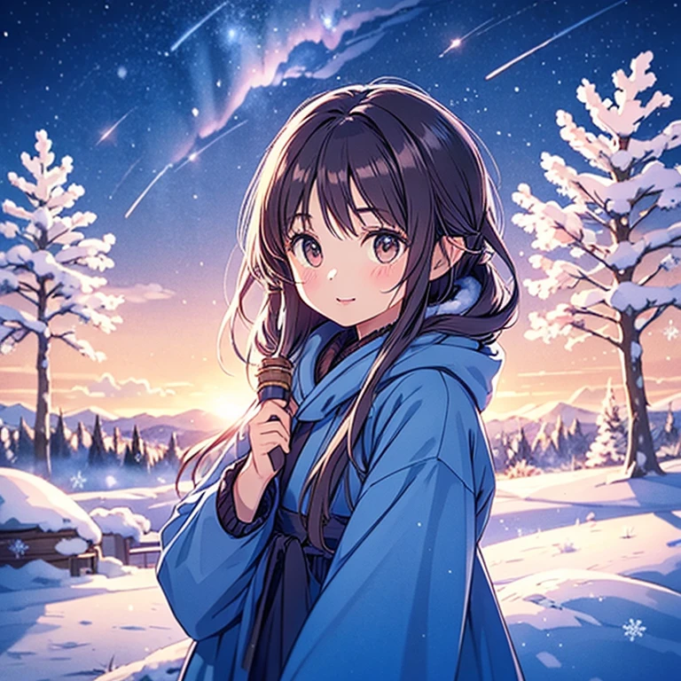 Nene Kasaki々、Shiny brown hair, short hair, (Beautiful brown eyes、Shining Eyes, fine grain)、smile、Very detailed eyes、Highly detailed face, Highly detailed eyes, Night sky above the hills. winter, winter colors, winter landscape, Starry Sky, Sky color Prussian blue Cobalt blue Purple Cyan. Planet, Bright Star, meteor, Tree tops swaying in the wind, thre beautiful girl in winter clothes observes the starry sky with a dreamy look.