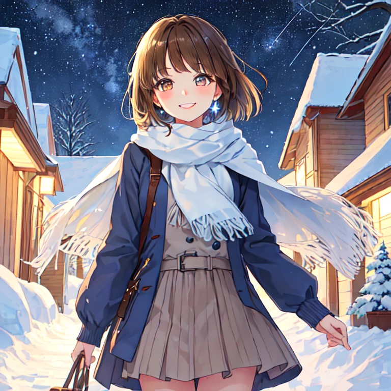 Nene Kasaki々、Shiny brown hair, short hair, (Beautiful brown eyes、Shining Eyes, fine grain)、smile、Very detailed eyes、Highly detailed face, Highly detailed eyes, Night sky above the hills. winter, winter colors, winter landscape, Starry Sky, Sky color Prussian blue Cobalt blue Purple Cyan. Planet, Bright Star, meteor, Tree tops swaying in the wind, thre beautiful girl in winter clothes observes the starry sky with a dreamy look.