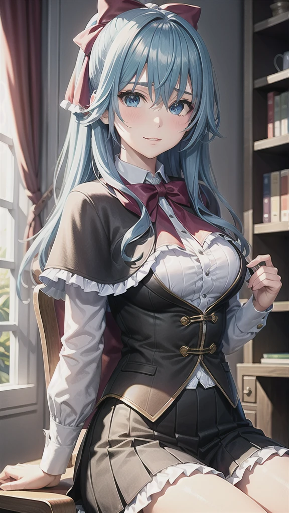 ((((masterpiece, extremely detailed, best quality)))), illustration, indoor, chair, stylized, (liselottecretia), 1girl, blue hair, (long hair, hair between eyes, hair ribbon), blue eyes, (looking at viewer:1.2), (light smile), (blush:1.2), lower body, (white shirt, red bowtie, frills, brown vest, capelet, skirt), (large breasts:1.2), sitting, sitting on chair