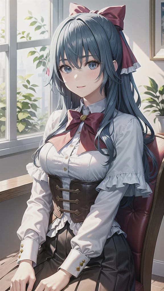 ((((masterpiece, extremely detailed, best quality)))), illustration, indoor, chair, stylized, (liselottecretia), 1girl, blue hair, (long hair, hair between eyes, hair ribbon), blue eyes, (looking at viewer:1.2), (light smile), (blush:1.2), lower body, (white shirt, red bowtie, frills, brown vest, capelet, skirt), (large breasts:1.2), sitting, sitting on chair