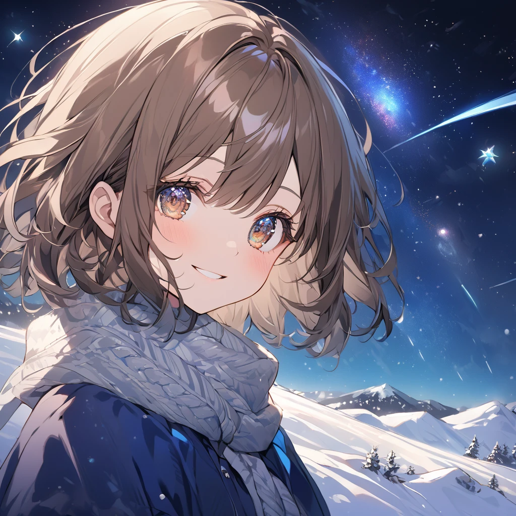 Nene Kasaki々、Shiny brown hair, short hair, (Beautiful brown eyes、Shining Eyes, fine grain)、smile、Very detailed eyes、Highly detailed face, Highly detailed eyes, Night sky above the hills. winter, winter colors, winter landscape, Starry Sky, Sky color Prussian blue Cobalt blue Purple Cyan. Planet, Bright Star, meteor, Tree tops swaying in the wind, thre beautiful girl in winter clothes observes the starry sky with a dreamy look.