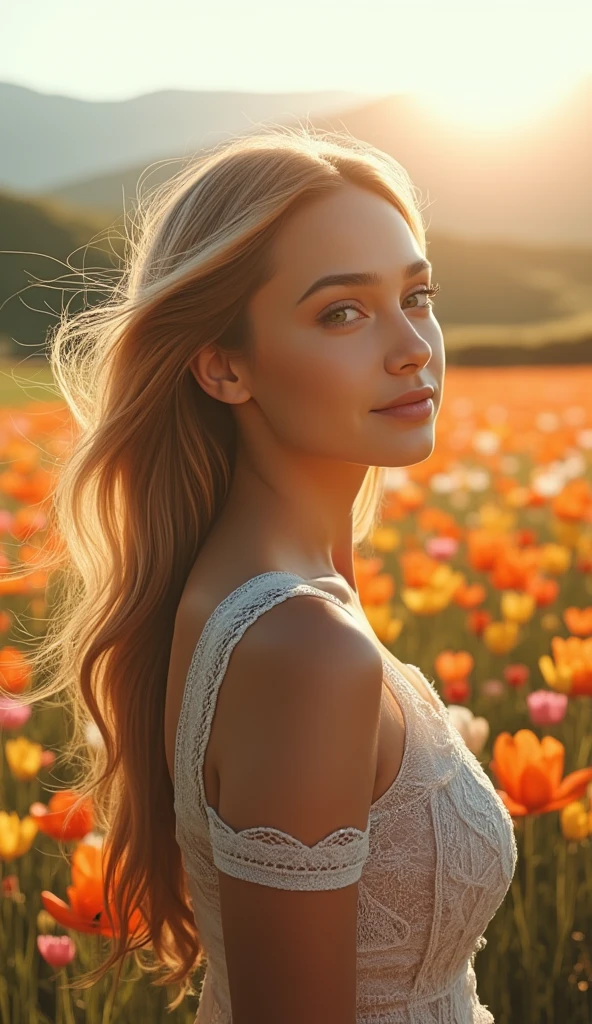 a young woman in a sundress, beautiful detailed eyes, beautiful detailed lips, extremely detailed face, long eyelashes, flowing blonde hair, serene expression, warm sunlight, field of wildflowers, idyllic countryside landscape, vibrant colors, (best quality,4k,8k,highres,masterpiece:1.2),ultra-detailed,(realistic,photorealistic,photo-realistic:1.37),natural lighting,concept art