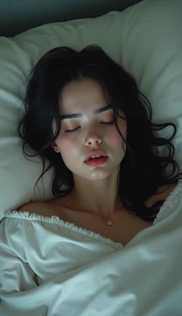 ((top-quality、masterpiece、8K、Top image quality、Very complex and detailed details))、1 female、(White camisole:1.5)、(hide hands:1.5)、(black long hair)、lyin in bed、(laying on back:1.5)、(Supine position in bed:1.5)、(Lying on your back in bed:1.5)、(gigantic breasts:1.2)、(no_bra)、(covered_nipples)、(Shooting the upper body from directly above:1.5)、(perfect anatomia、hide hands:1.5)、(look at me perfectly、Squinted eyes、perfect eyes、Expression of :1.5)、(Skin shiny with sweat、perfect sweat、Real sweat、Wet and glowing skin:1.2)、(a dark night、Romantic lighting、Slight lighting、Late night bedroom:1.5)